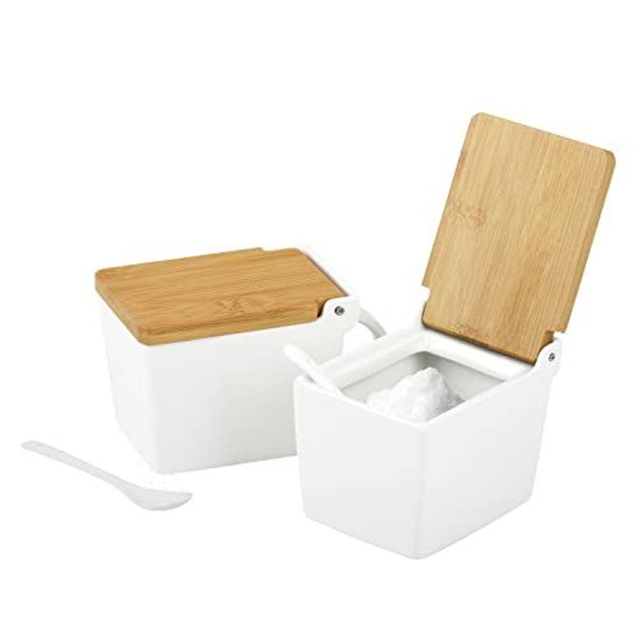 IMPRESA 2-Pack Japanese-Style Salt Box - Moisture-Barrier Lid Salt Cellar with Hinged Lid for Minimalist Decor & Kitchen Decor - Easy-Access Serving Container with Spoon - White Ceramic